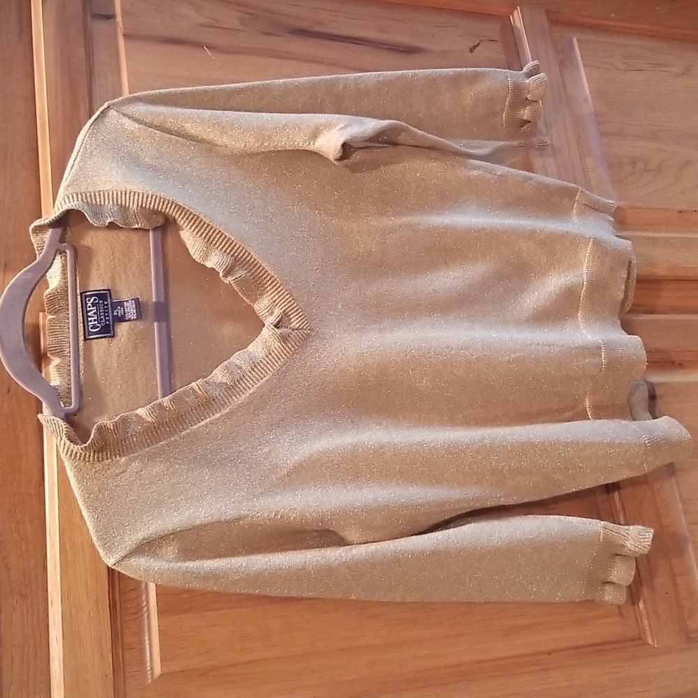 CHAPS Classics Petite Large gold sparkle ruffle collar sweater 3/4 sleeves